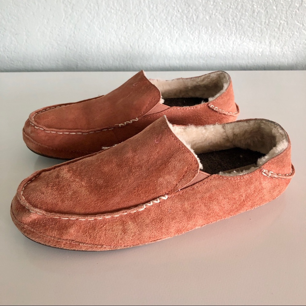 OluKai Nohea Women’s Slippers Suede Shearling Size 9 Pink Salmon Fur Lined
